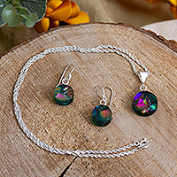 Dichroic art glass jewellery set, 'Viridian World' - Round Viridian Dichroic Art Glass jewellery Set from Mexico
