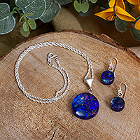 Dichroic art glass jewellery set, 'Midnight World' - Round Midnight Dichroic Art Glass jewellery Set from Mexico
