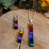 Dichroic art glass jewellery set, 'Stages of Boldness' - colourful Dichroic Art Glass jewellery Set Made in Mexico