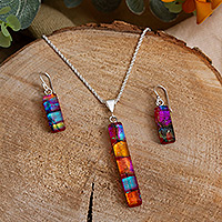 Dichroic art glass jewellery set, 'Sweet Pillars' - Orange and Purple Dichroic Art Glass jewellery Set