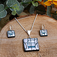 Dichroic art glass jewellery set, 'Heaven's Cube' - Grey and Blue Square Dichroic Art Glass jewellery Set