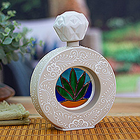 Ceramic tequila decanter, 'Promise of Grace' - Painted Ring-Shaped Ivory and White Ceramic Tequila Decanter