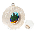 Ceramic tequila decanter, 'Promise of Grace' - Painted Ring-Shaped Ivory and White Ceramic Tequila Decanter