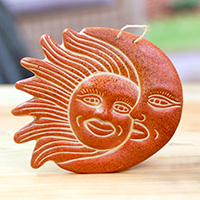 Arte de pared de cerámica - Arte popular de pared de cerámica con temática de sol y luna de México