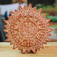 Arte de pared de cerámica, 'Ancestor's Sun' - Arte de pared de cerámica marrón con temática del sol azteca de México