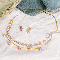 Gold-plated cultured pearl and apatite jewellery set, 'Glorious Deity' - Polished 14k Gold-Plated Pink Pearl and Apatite jewellery Set