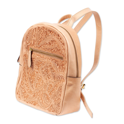 Leather backpack, 'Floral Artisan in Beige' - Leafy-Patterned Leather Backpack in Beige from Mexico