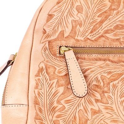 Leather backpack, 'Floral Artisan in Beige' - Leafy-Patterned Leather Backpack in Beige from Mexico