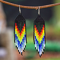 Glass beaded waterfall earrings, 'Rainbow Boldness' - Handcrafted Rainbow Glass Beaded Waterfall Earrings