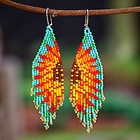 Wasserfall-Ohrringe aus Glasperlen, „Summer Spirit“ – Wasserfall-Ohrringe aus roten und türkisfarbenen Glasperlen mit Sonnenmotiv