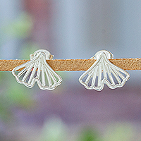 Sterling silver button earrings, 'Verdure Heaven' - Polished Leafy Ginkgo-Shaped Sterling Silver Button Earrings