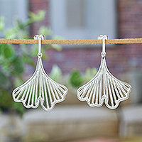 Sterling silver dangle earrings, 'Verdure Heaven' - Polished Leafy Ginkgo-Shaped Sterling Silver Dangle Earrings