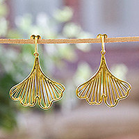 Gold-plated dangle earrings, 'Verdure Victory' - Polished Leafy Ginkgo-Shaped 18k Gold-Plated Dangle Earrings