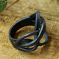 Sterling silver band ring, 'Windy Ribbons at Night' - Semi-Abstract Windy Oxidized Sterling Silver Band Ring