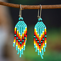 Glass beaded waterfall earrings, 'Lagoon Breeze' - Turquoise and Red Glass Beaded Dangle Earrings with Hooks