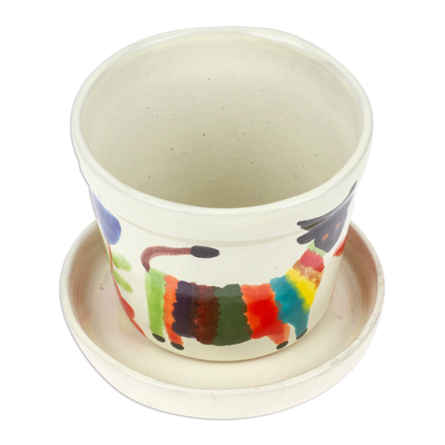 Ceramic flower pot and saucer, 'Festive Fauna' - Whimsical Animal-Themed Ceramic Flower Pot and Saucer
