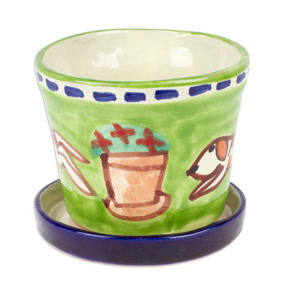 Ceramic flower pot and saucer, 'Petite Merry Dogs' (small) - Naïf Dog-Themed Green Ceramic Flower Pot and Saucer (Small)