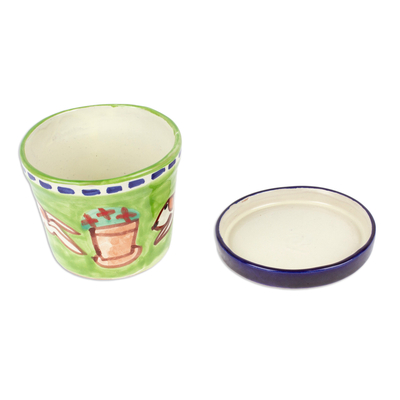 Ceramic flower pot and saucer, 'Petite Merry Dogs' (small) - Naïf Dog-Themed Green Ceramic Flower Pot and Saucer (Small)