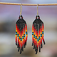 Glass beaded waterfall earrings, 'Summer Night Breeze' - Black and Orange Glass Beaded Dangle Earrings with Hooks