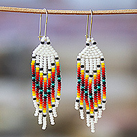 Glass beaded waterfall earrings, 'Summer Sunrise Breeze' - White and Orange Glass Beaded Dangle Earrings with Hooks