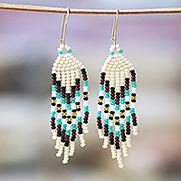 Glass beaded waterfall earrings, 'Tranquil Breeze' - Ivory and Turquoise Glass Beaded Dangle Earrings with Hooks