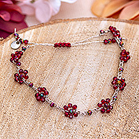 Crystal beaded bracelet, 'Spring Caprice' - Floral Adjustable Scarlet Red Crystal Beaded Bracelet