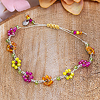Crystal beaded bracelet, 'Summer Caprice' - Floral Adjustable Yellow and Fuchsia Crystal Beaded Bracelet