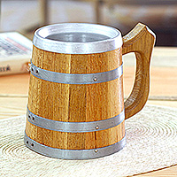 Wood and stainless steel beer mug, 'Memories from the Inn' - Handcrafted Oak Stave and Stainless Steel Beer Mug