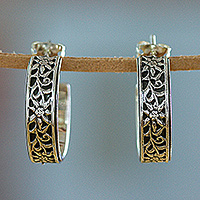 Silver half-hoop earrings, 'Sunflower Garland' - Oxidized Sunflower-Themed Taxco Silver Half-Hoop Earrings