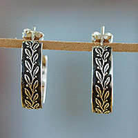 Silver half-hoop earrings, 'Ode to Nature' - Oxidized Leafy Embossed Taxco Silver Half-Hoop Earrings