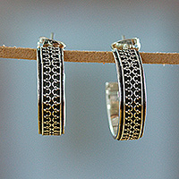 Silver half-hoop earrings, 'Elegant Fretwork' - Classic Embossed Taxco Silver Half-Hoop Earrings