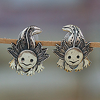 Sterling silver button earrings, 'Axolotl Spirit' - Polished and Oxidized Sterling Silver Axolotl Earrings