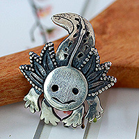 Sterling silver pendant, 'Axolotl Spirit' - Polished and Oxidized Sterling Silver Axolotl Pendant