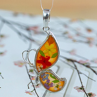Natural flower and sterling silver pendant, 'Butterfly's Dream' - Butterfly-Shaped Natural Flower Sterling Silver Pendant