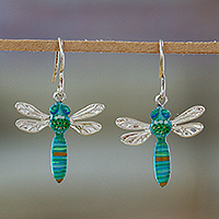 Sterling silver and resin dangle earrings, 'Lagoon Dragonfly' - Blue and Green Sterling Silver Dragonfly Dangle Earrings