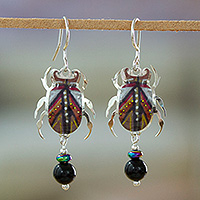 Sterling silver and resin dangle earrings, 'Royal Beetle' - Beetle-Shaped Resin and Sterling Silver Dangle Earrings
