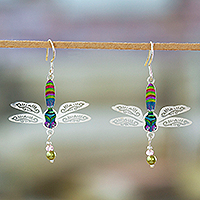 Sterling silver and resin dangle earrings, 'Flutter to Harmony' - Dragonfly-Shaped Resin and Sterling Silver Dangle Earrings