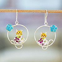 Natural flower and sterling silver dangle earrings, 'Lunar Feline' - Moon and Cat-Themed Natural Flower Round Dangle Earrings