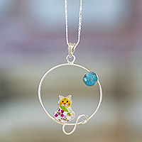 Natural flower and sterling silver pendant necklace, 'Lunar Feline' - Moon and Cat-Themed Natural Flower Round Pendant Necklace