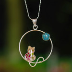 Natural flower and sterling silver pendant necklace, 'Lunar Feline' - Moon and Cat-Themed Natural Flower Round Pendant Necklace