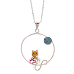 Natural flower and sterling silver pendant necklace, 'Lunar Feline' - Moon and Cat-Themed Natural Flower Round Pendant Necklace