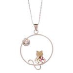 Natural flower and sterling silver pendant necklace, 'Lunar Feline' - Moon and Cat-Themed Natural Flower Round Pendant Necklace