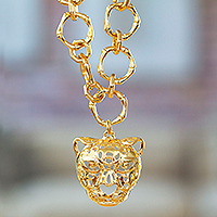 Gold-plated pendant necklace, 'Divine Jaguar' - High-Polished Jaguar-Themed 24k Gold-Plated Pendant Necklace