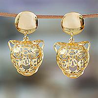 Gold-plated dangle earrings, 'Divine Jaguar' - High-Polished Jaguar-Themed 24k Gold-Plated Dangle Earrings