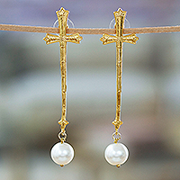 Gold-plated cultured pearl statement dangle earrings, 'Sacred Pearl' - 24k Gold-Plated Cultured Pearl Cross Statement Earrings