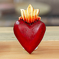 Wood wall accent, 'Sacred Beats' - Sacred Heart-Themed Red and Golden Pinewood Wall Accent