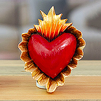 Wood wall accent, 'Consecrated Heart' - Red and Golden Pinewood Christian Heart Wall Accent