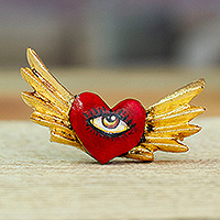 Wood magnet, 'Sacred Gaze' - Winged Heart-Shaped Red and Golden Pinewood Magnet