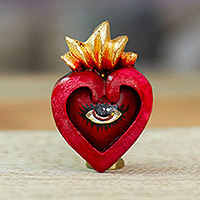 Wood magnet, 'Immortal Destiny' - Heart-Shaped Hand-Painted Red and Golden Pinewood Magnet