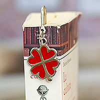 Zamac metal bookmark, 'Lucky Red Petals' - Zamac Metal Alloy Bookmark with Red Resin Clover Charm